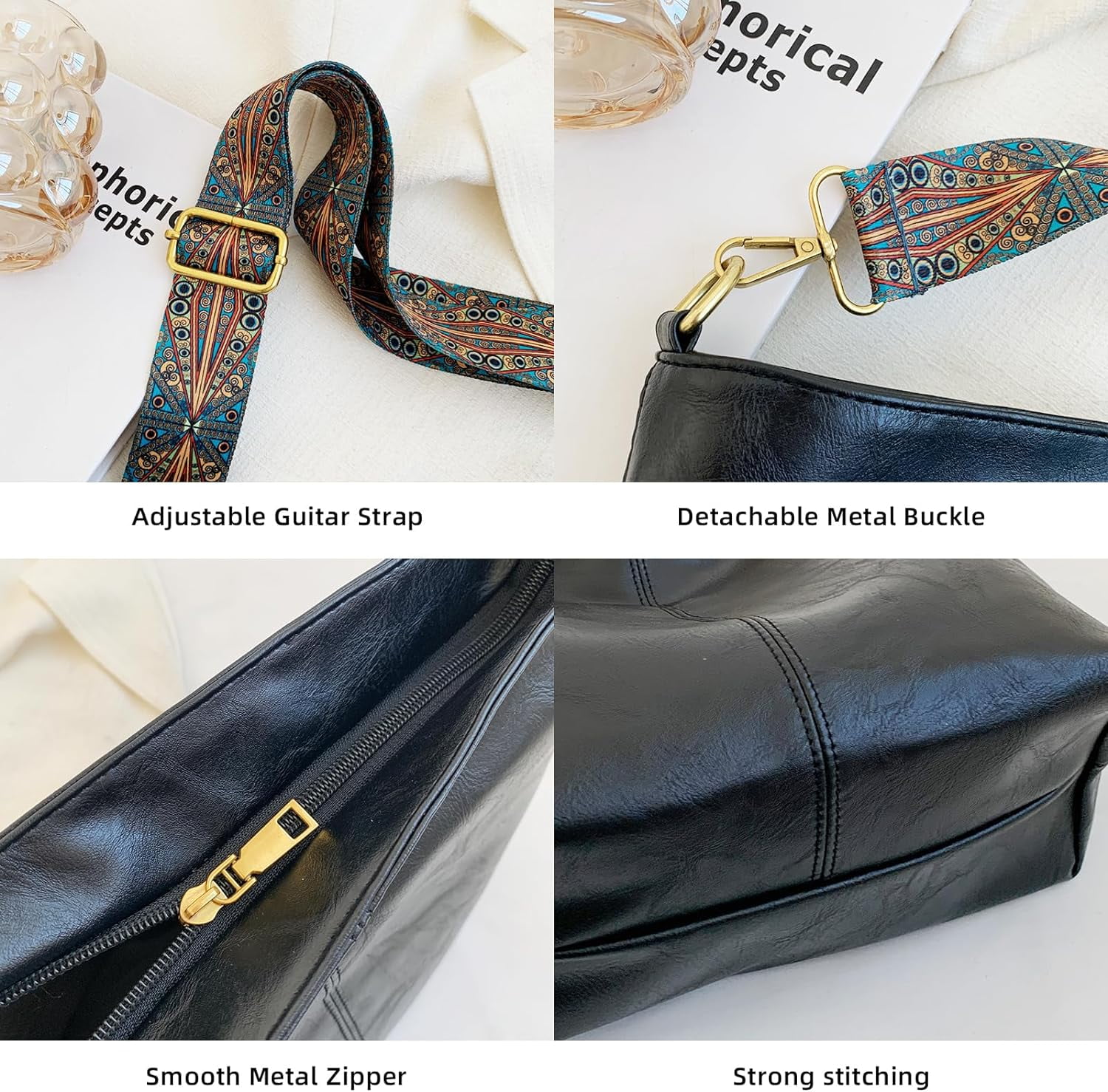 LinYooLi Hobo Bags for Women Crossbody Handbags Guitar Strap Shoulder Bucket Bag Vegan Leather Purse Trendy Boho Tote Purses