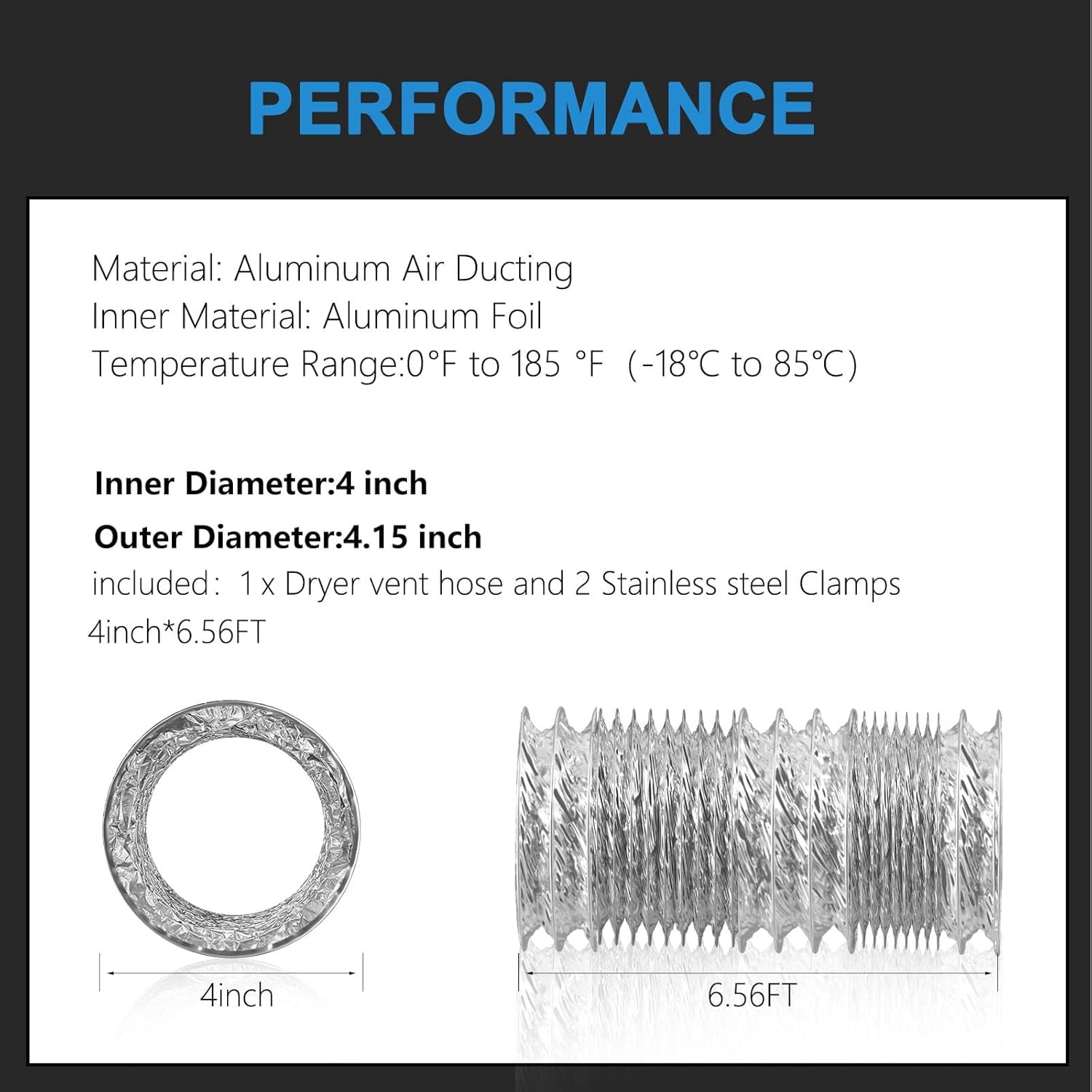 MKEUDQ-4 Inch Duct 6.56 Feet, Flexible Dryer Vent Hose For Tight Space Dryer Exhaust Hose Aluminum Duct For Heating and Cooling Ventilation-with 2 Clamps.