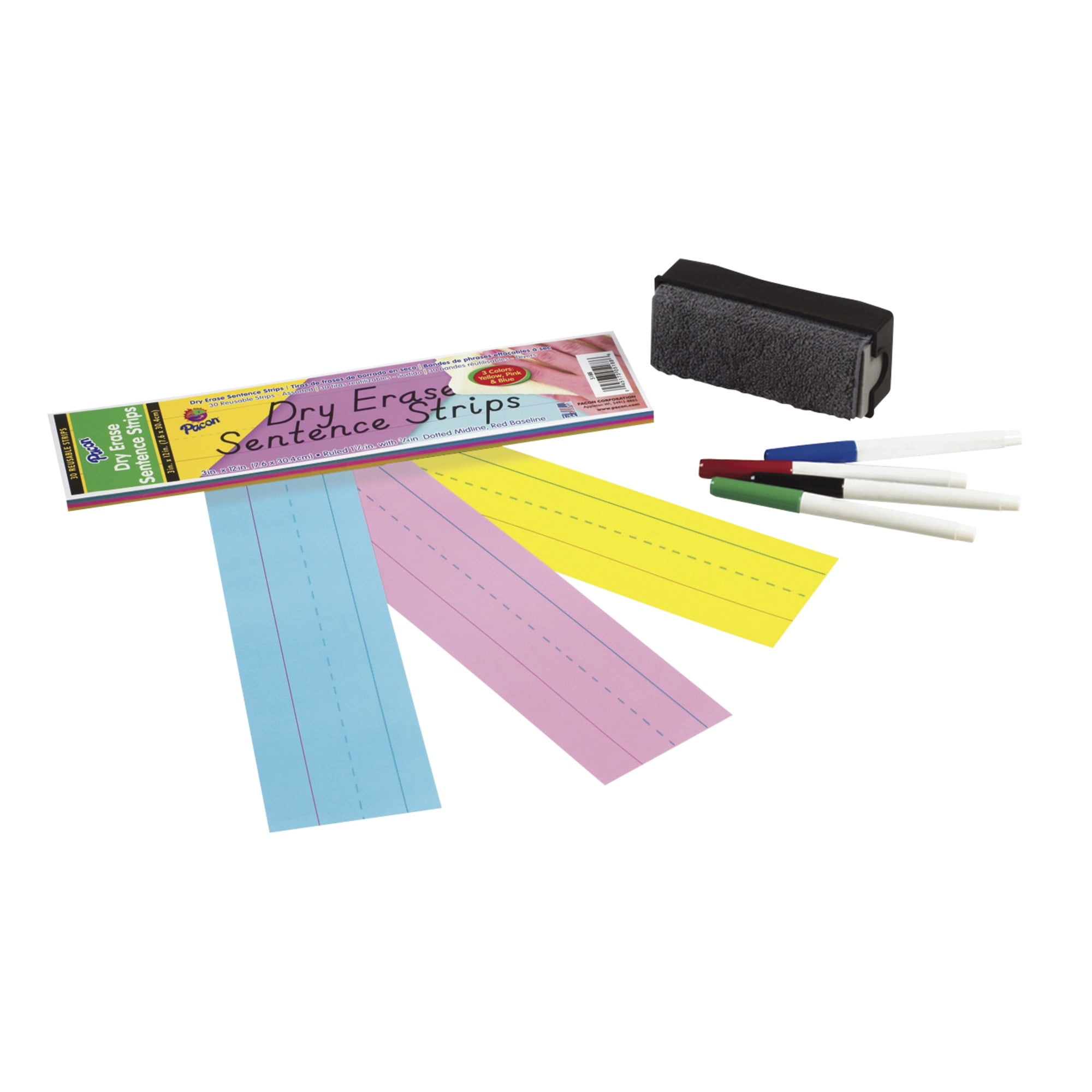 Pacon Dry Erase Sentence Strips, 3 x 12 Inches, Assorted Colors, Pack