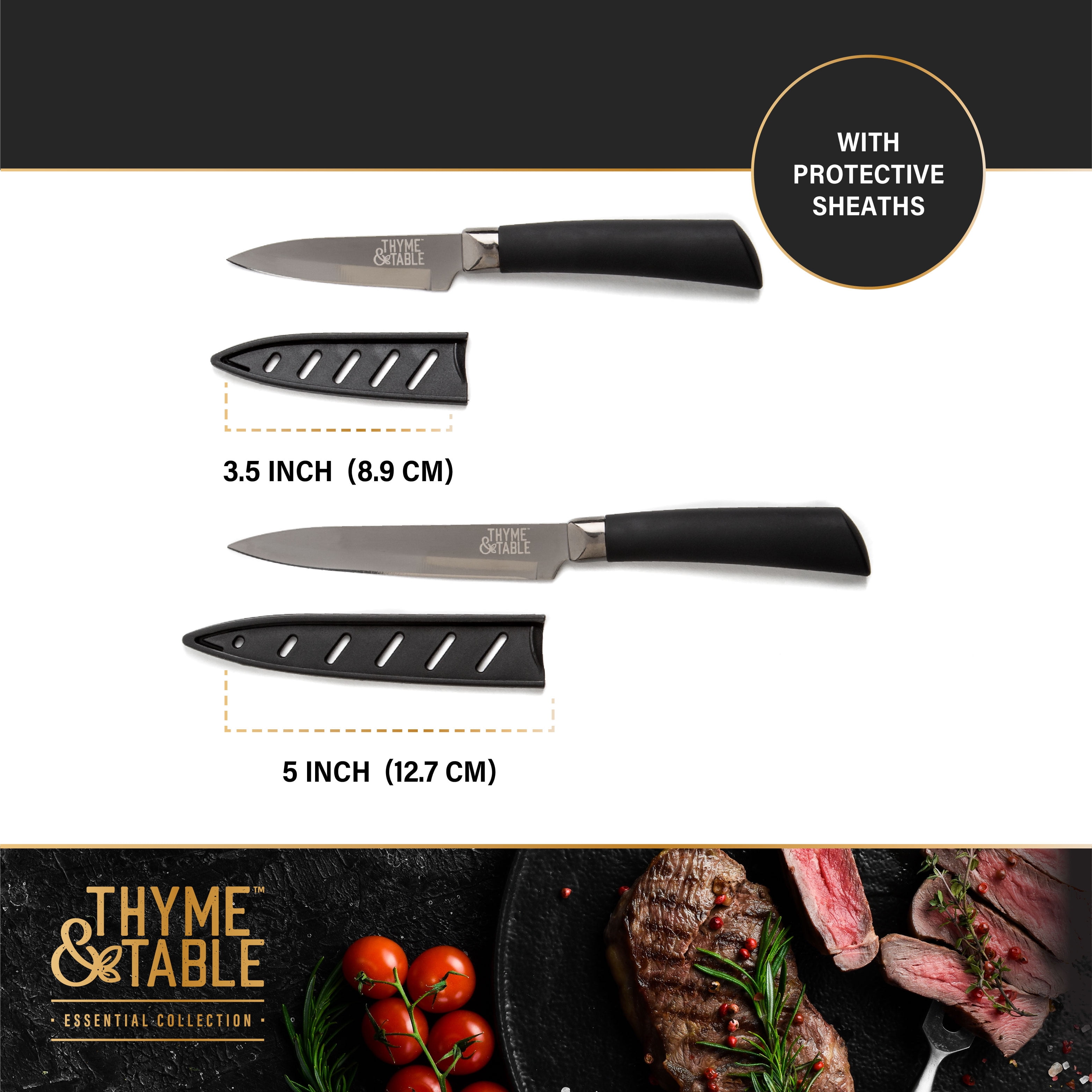Thyme & Table * 3 Pc * Knives With Sheaths*Titanium Coated Steel