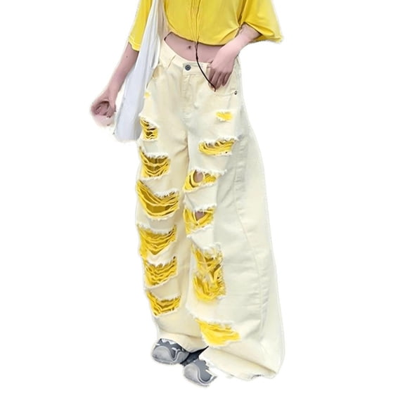 CPNG Girls Ripped Denim Pants Teen Girls Fashionable Button Front Zipper Baggy Straight Wide Leg Casual Jeans