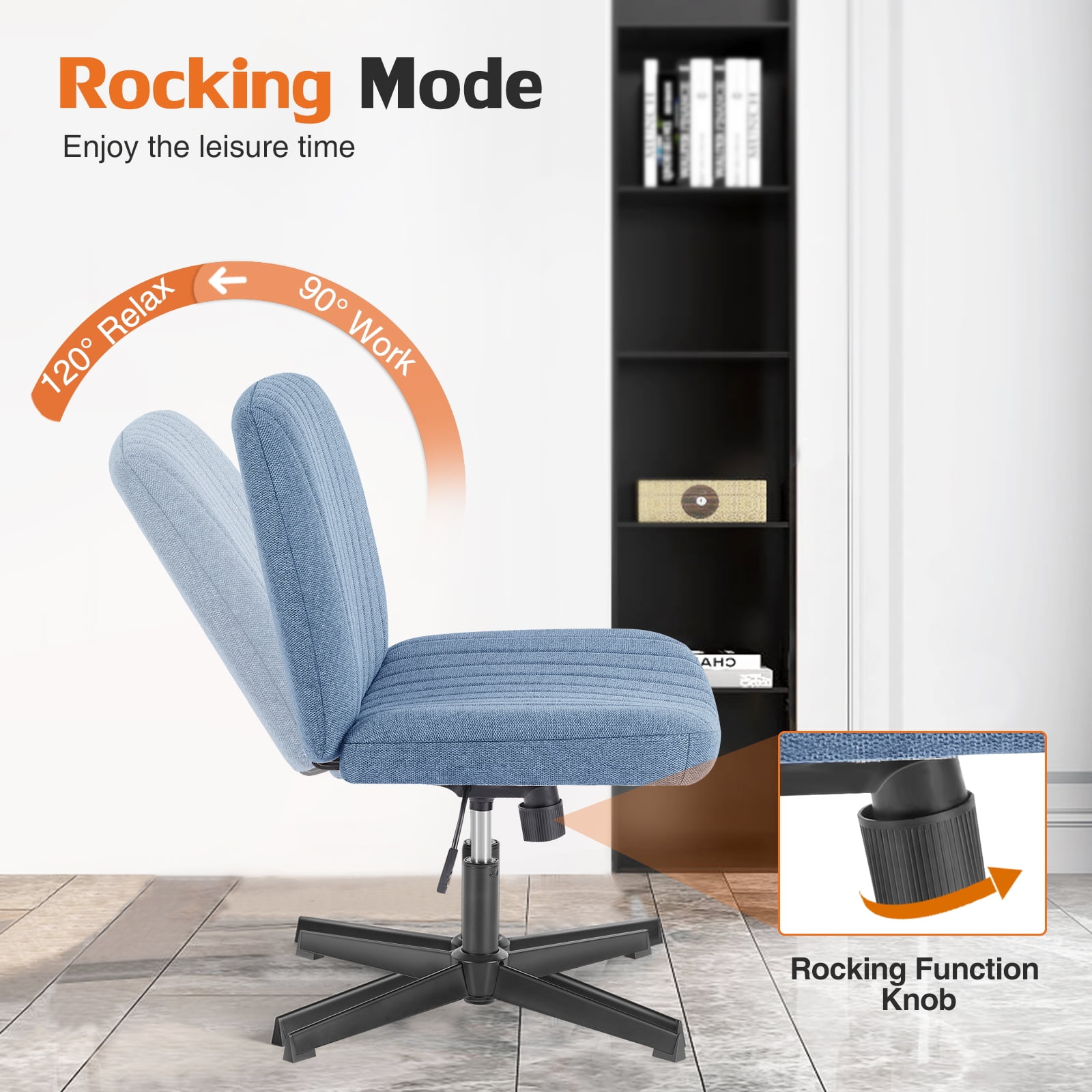 MAYEERTY Wide Desk Chair ，No Wheels Cross Legged Office Chair Armless Office Chair，Blue
