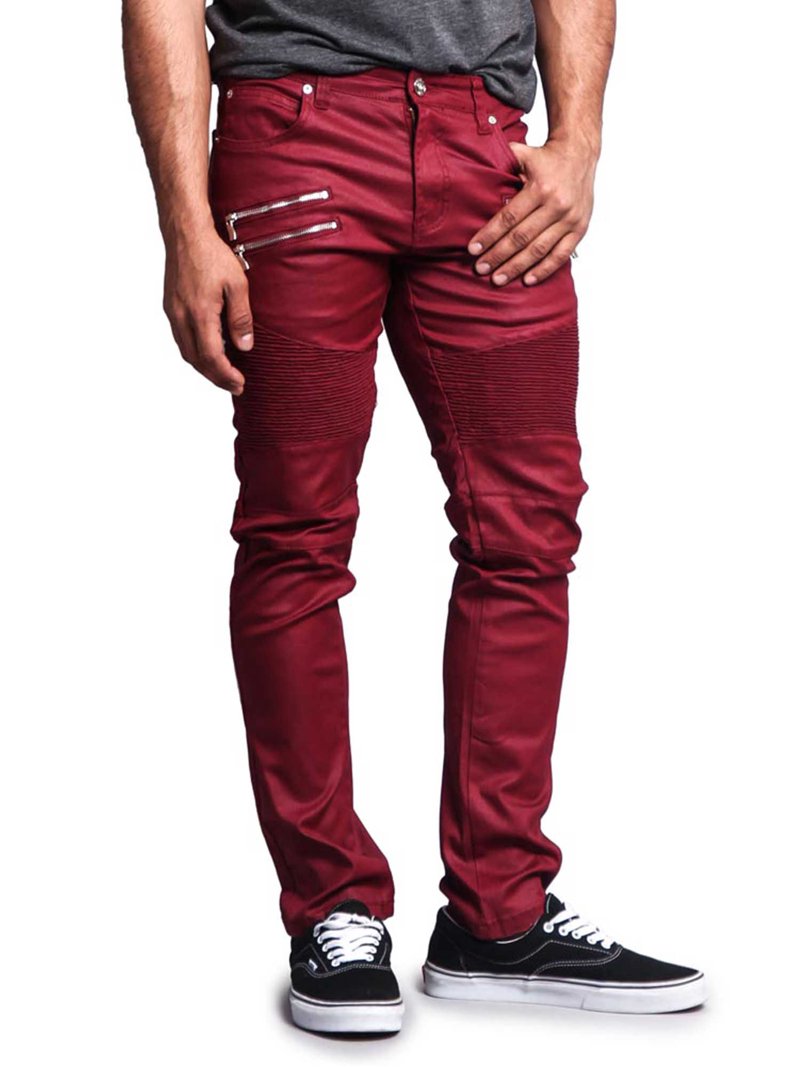 Victorious Men's Coated Slim Fit Moto Pants Biker Jeans Burgundy