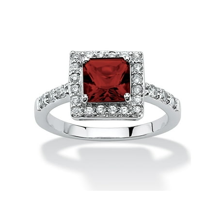 Princess Cut Garnet Ring Princess-Cut Birthstone Halo Ring in .925 Sterling Silver - January- Simulated Garnet ()