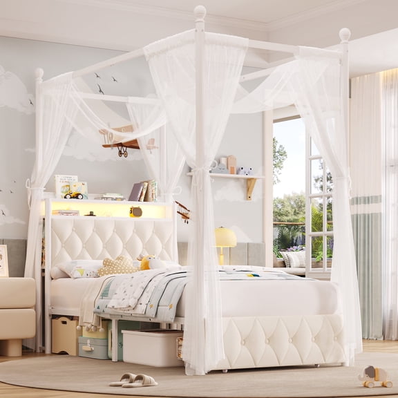 Hiphuta Twin Size Upholstered Canopy Bed with Charging Station & Storage Drawer, LED Beds with 4 Removable Posts, Twin Bed Frame, Beige