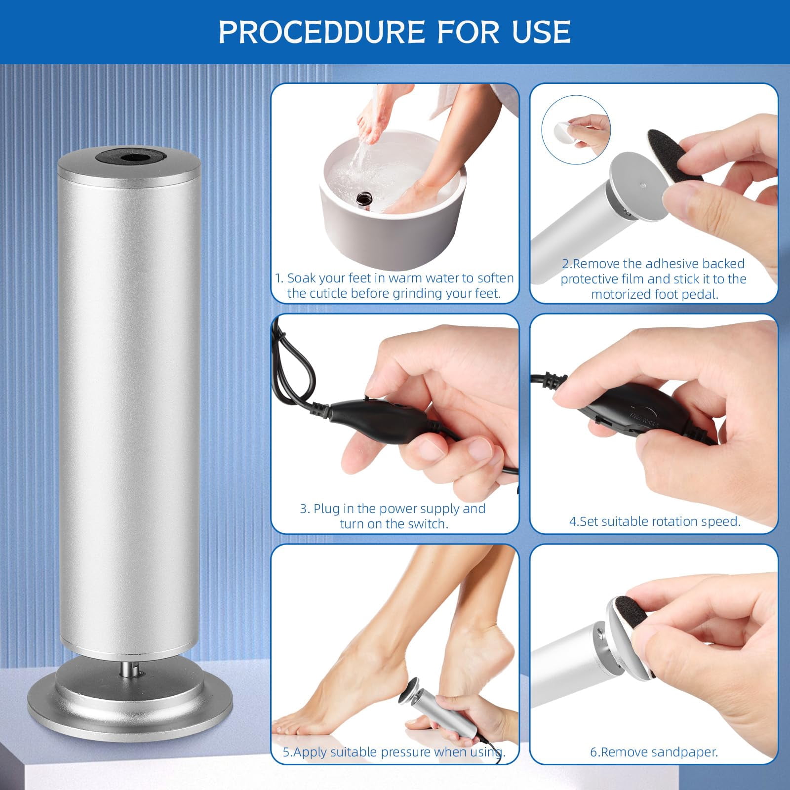 Electric Foot Filer-Electric Foot Callus Remover, Callus Remover for Feet,  Electric Foot Callus Remover, 60pcs Snding Discs Dead Cracked Skin Calluses for Men/Women (Silver)