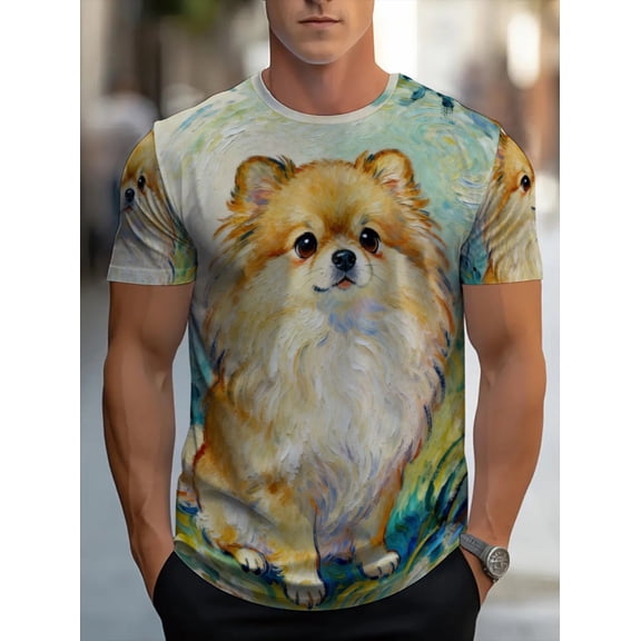 Men's Printed T-Shirt - Full Body Pomeranian Pattern Design Short Sleeve Crew Neck Casual Shirt, Light and Breathable, Suitable for Home Leisure and Outdoor Activities, Machine Wash