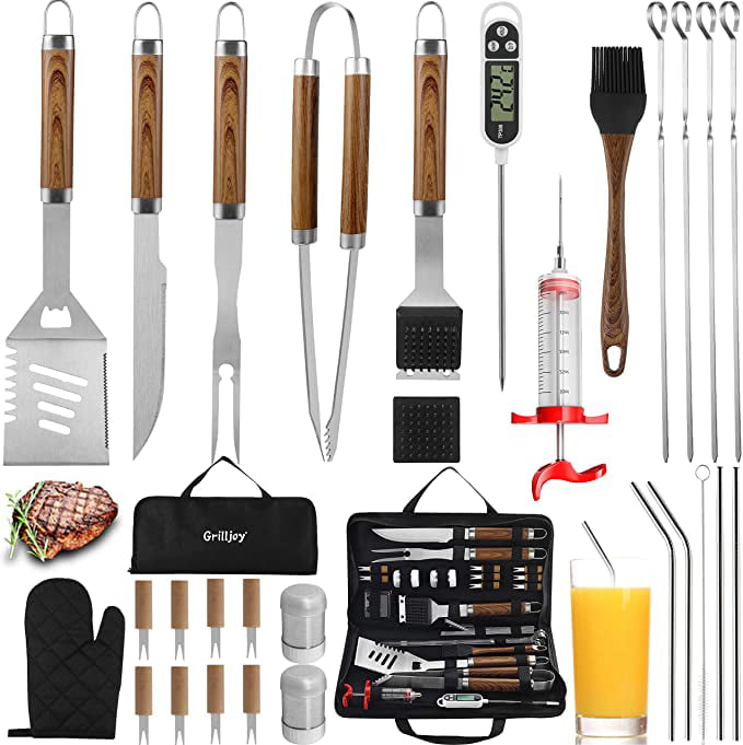 grilljoy 30PCS Heavy Duty BBQ Grill Tools Set with Thermometer and Meat Injector Spatula& Cleaning Brush Complete Grilling Accessories in Portable Bag. Extra Thick Stainless Steel Fork Tongs 