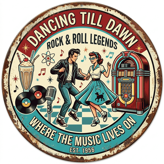 2D flat aluminum wall vintage decoration, 1950s rock and roll metal wall art - vintage truck and rock and roll sign (195-1959), suitable for home, cafe, party - easy to hang, no power required 8X8 in