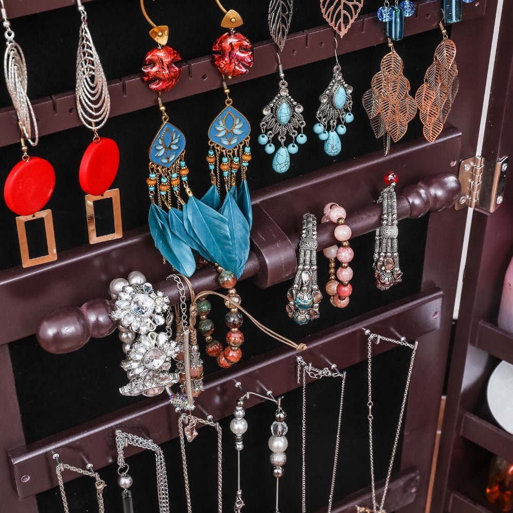Kepooman Full Mirror Wooden Wall Mounted 4-Layer Shelf 2 Drawers With Inner Mirror 8 Blue Led Light Jewelry Storage Mirror Cabinet - Dark Brown Kepooman Full Mirror Wooden Wall Mounted 4-Layer Shelf 2 Drawers With Inner Mirror 8 Blue Led Light Jewelry Storage Mirror Cabinet - Dark Brown