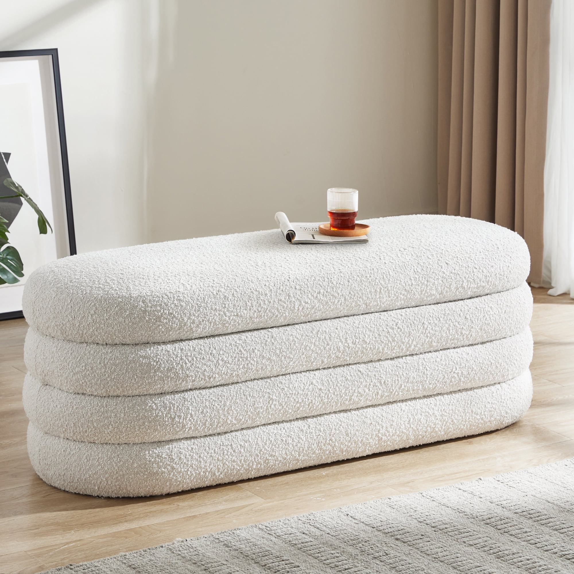 Modern Upholstered Oval Sherpa Storage Ottoman, 49.2", White