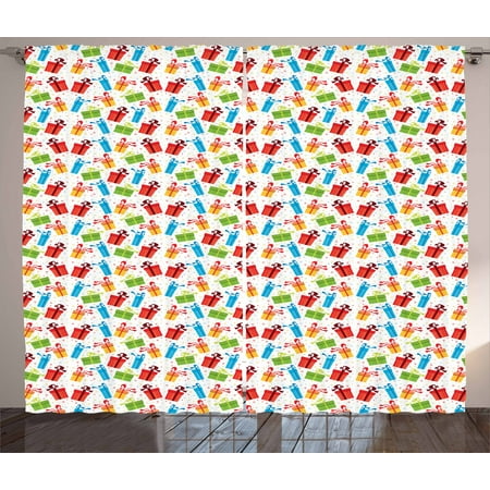 Box Set Stripes Birthday Curtains 2 Panels Set, Colorful Different Boxes with Tiny Dots and Stripes on Spotty Festive Background, Window Drapes for Living Room Bedroom, 108W X 63L Inches, Multicolor, by Ambesonne ()