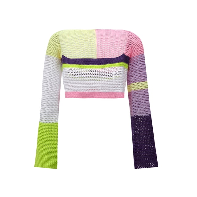 Mialoley Women Crochet Knit Crop Tops, Long Sleeve Color Block Hollow Out Regular Fit T-Shirts