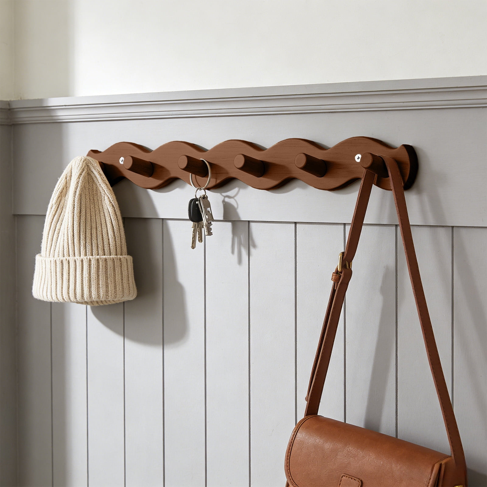 Wood Coat Rack Wall Mount, Sea Wave Crescent Design