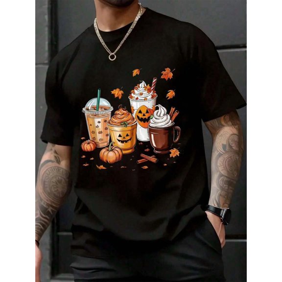 Pumpkin Spice Latte Fall Coffee Thanksgiving Graphic Crew Neck Short Sleeve T‑Shirt, Halloween & Thanksgiving Outfit Tops For Men