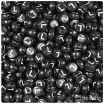 BeadTin Black Opaque 7mm Coin Alpha Beads - White Letter L (100pcs)