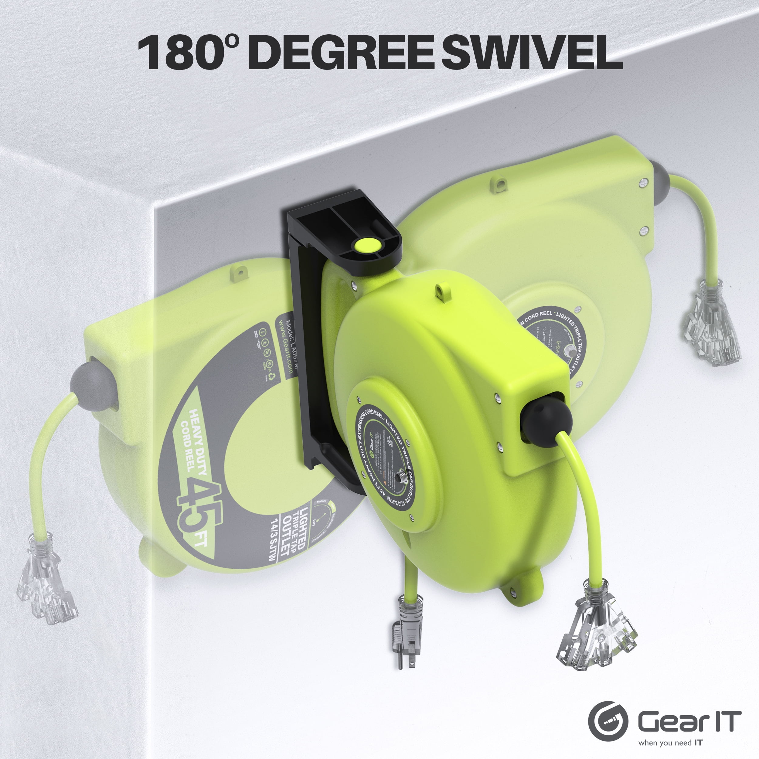 GearIT Retractable Extension Cord Reel (45ft) 14/3 AWG Gauge SJTW, 3 Outlets, LED Power Indicator, 11-Amps Circuit Breaker, 180 Degrees, UL Listed for Garage Ceiling Mount Workshop, Power Tool 45 Feet