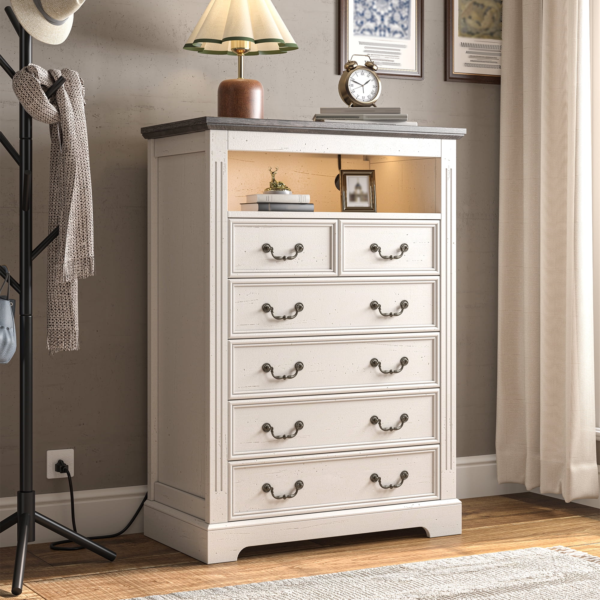 EnHomee Dresser for Bedroom Wood Dresser with LED Lights & Charge Station White Dresser with 6 Drawers