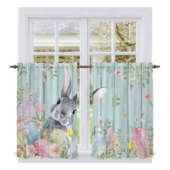 Easter Kitchen Curtain for Berdoom Living Room Cafe 45 Inch Length, Farmhouse Spring Rabbit Eggs Flowers Leaf Wood Tiers Curtains Light Filtering Drapes Rod Pocket Window Treatment 2 Panels 52"Wx45"L