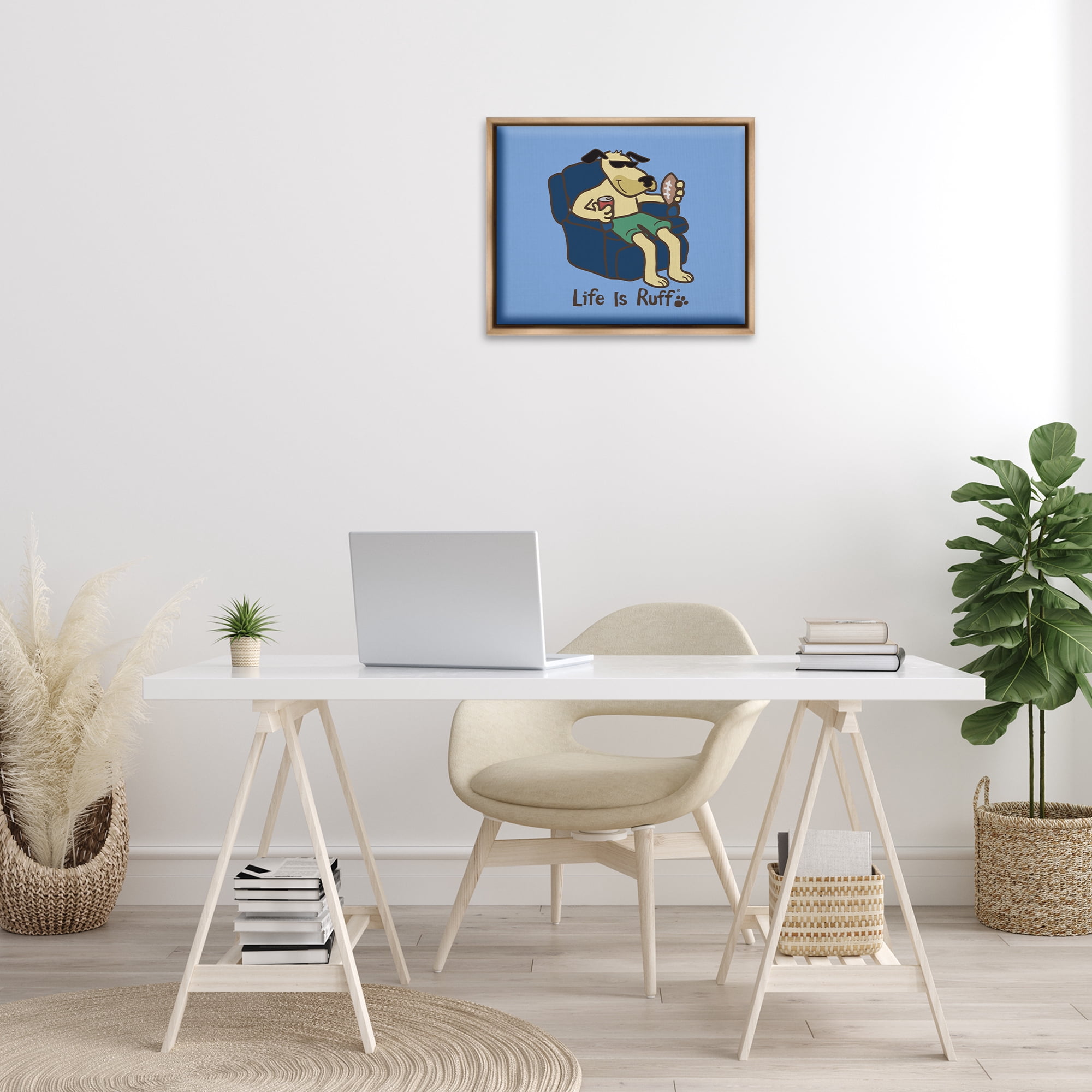 Stupell Industries Lounging Dog with Football Animals Painting Brown Floater Framed Canvas Art Print Wall Art, 21 x 17