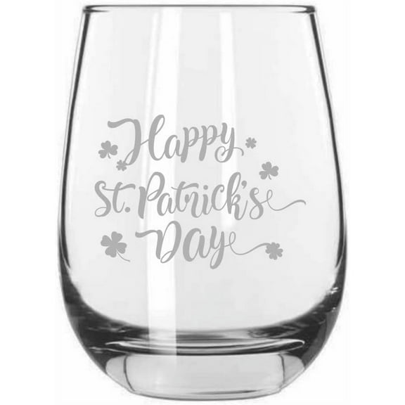 St Patricks Day Clovers St Patrick's Day Etched 15.25oz Libbey Stemless Wine Glass