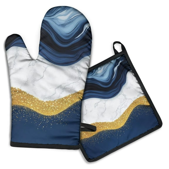 Blue White Gold Marble Pattern Kitchen Oven Mitt and Pot Holder Sets 2 Pcs for Baking, Cooking and Grilling, Heat Resistant Up To 392 °F