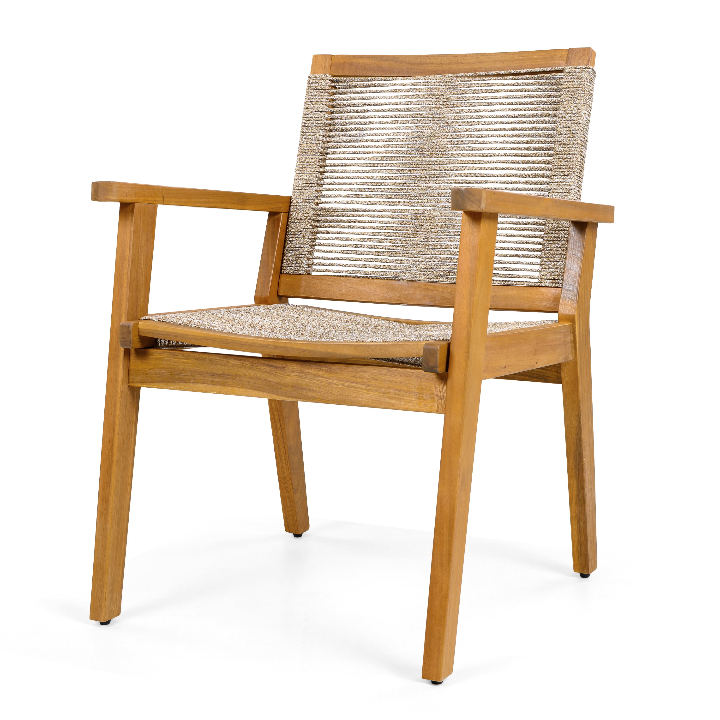 Outdoor Dining Chairs Set of 2, Teak Finish Wood Frame and Mix Brown Rope Natural Courtyard Style, Teak