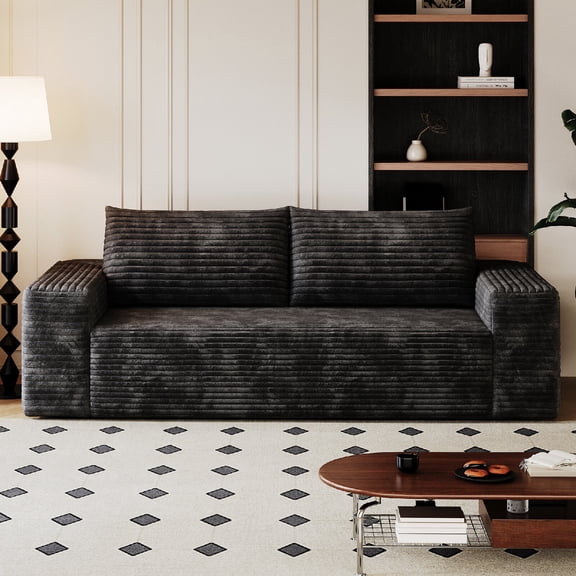 71" Boneless Loveseat Couch Sofa, Comfy Corduroy Fabric Compress Sofa Couch with Deep Seat, 3-Seater Floor Loveseat for Small Space, Living Room, Conference room, No Assembly Required, Black