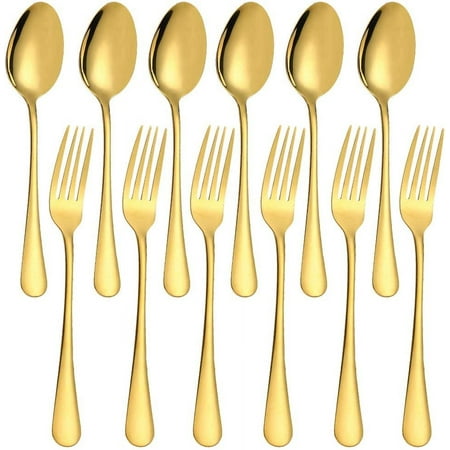 Set of 12 Gold Plated Stainless Steel Dinner Forks and Spoons findTop Heavy-duty Forks ( 8 Inch ) and Spoons ( 7 Inch ) Cutlery Set- Gold