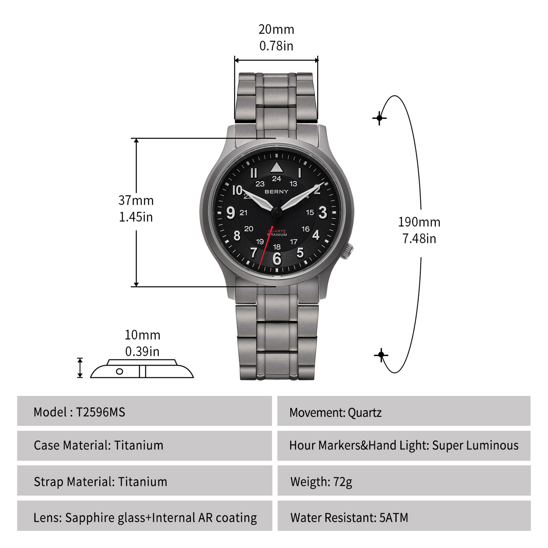 BERNY Titanium Watches for Men, Japanese Quartz Movement Men's Field Watch, 5ATM Waterproof Military Wristwatch for Men, Analog Sport Watches with Super Luminous, Black