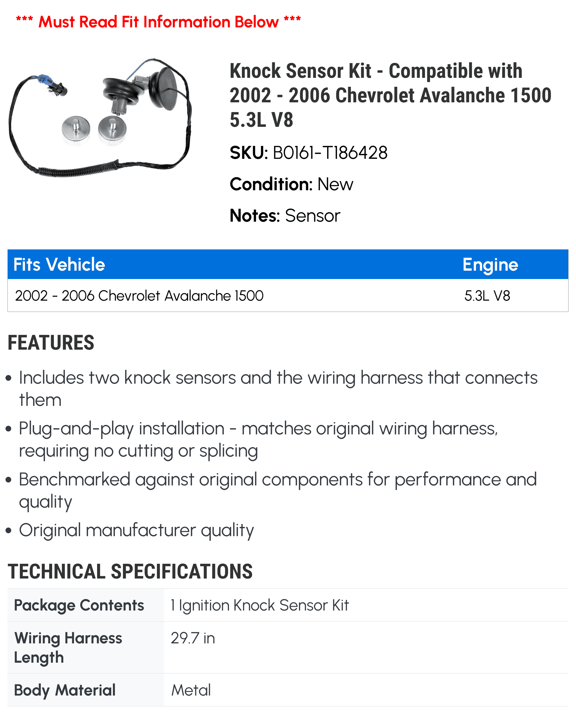 Knock Sensor Kit - Compatible with 2002 - 2006 Chevy Avalanche 1500 5.3L V8 2003 2004 2005