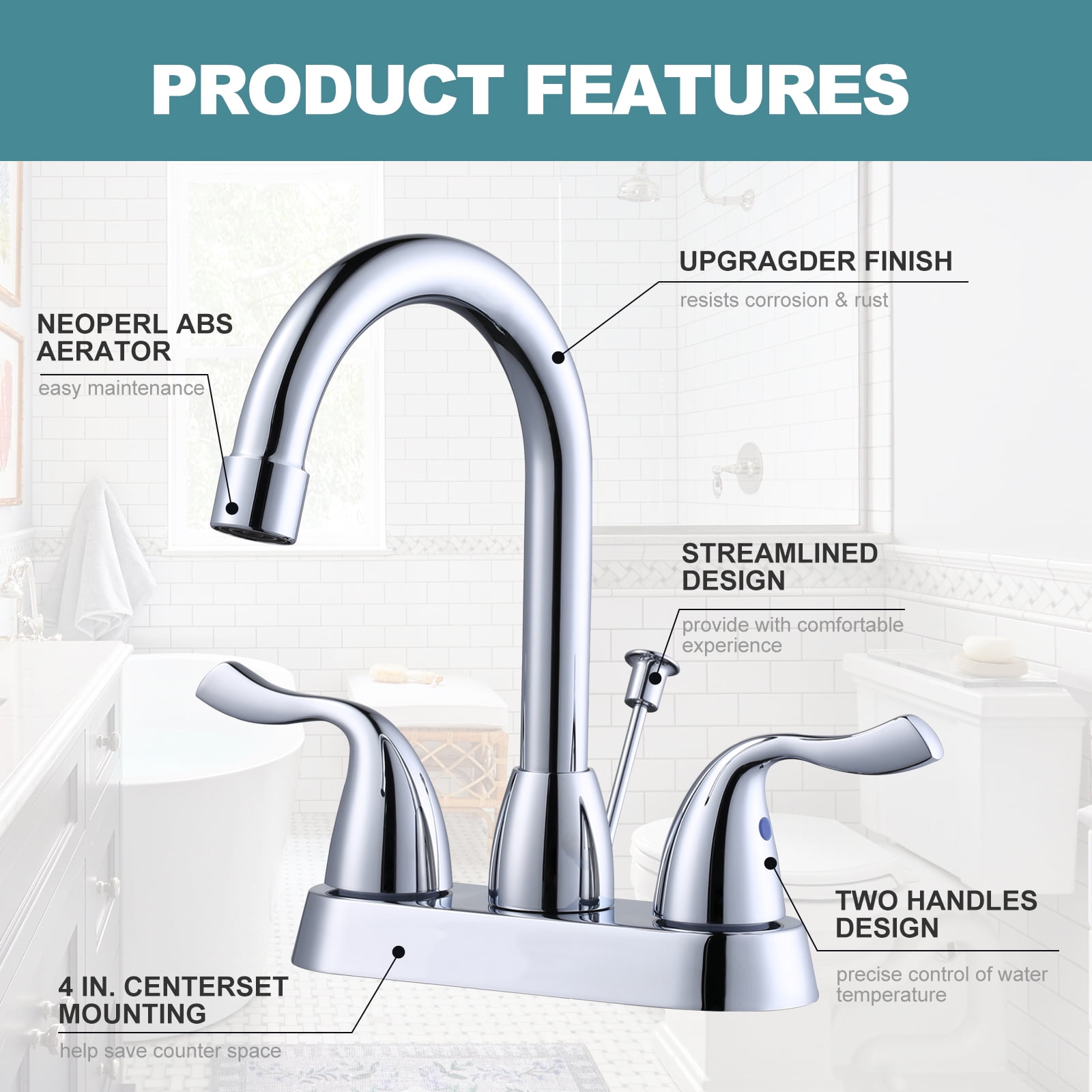 WOWOW 2 Handle Bathroom Faucet Chrome, 4 Inch Centerset Bathroom Faucet with Drain Assembly and Supply Hoses, Bathroom Faucet 3 Holes