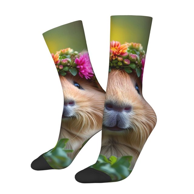 Fotbe Flower Crown Guinea Pig Calcetas Largas con Estampado para Hombre y Mujer – Calcetas de Compresión Transpirables y Elásticas, Viajar y Uso Diario Talla 5-11