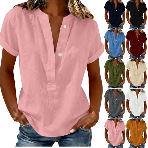 Summer Short Sleeve Tops Women Loose Fit V Neck Cotton Linen Shirts Solid Cozy Casual Beach Blouses (XL, Pink)