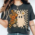thumbnail image 2 of Floral Ghost Halloween T-Shirt, Retro Daisy Checker Graphic Tee, Comfort Colors Spooky Season Fall Apparel Gift for Women - Pepper, XL, 2 of 4