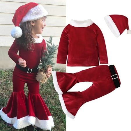 

Baby clothes rainbow infant girls christmas long sleeve fleece overalls bodysuit bell bottoms flare pants hat set baby girl gifts