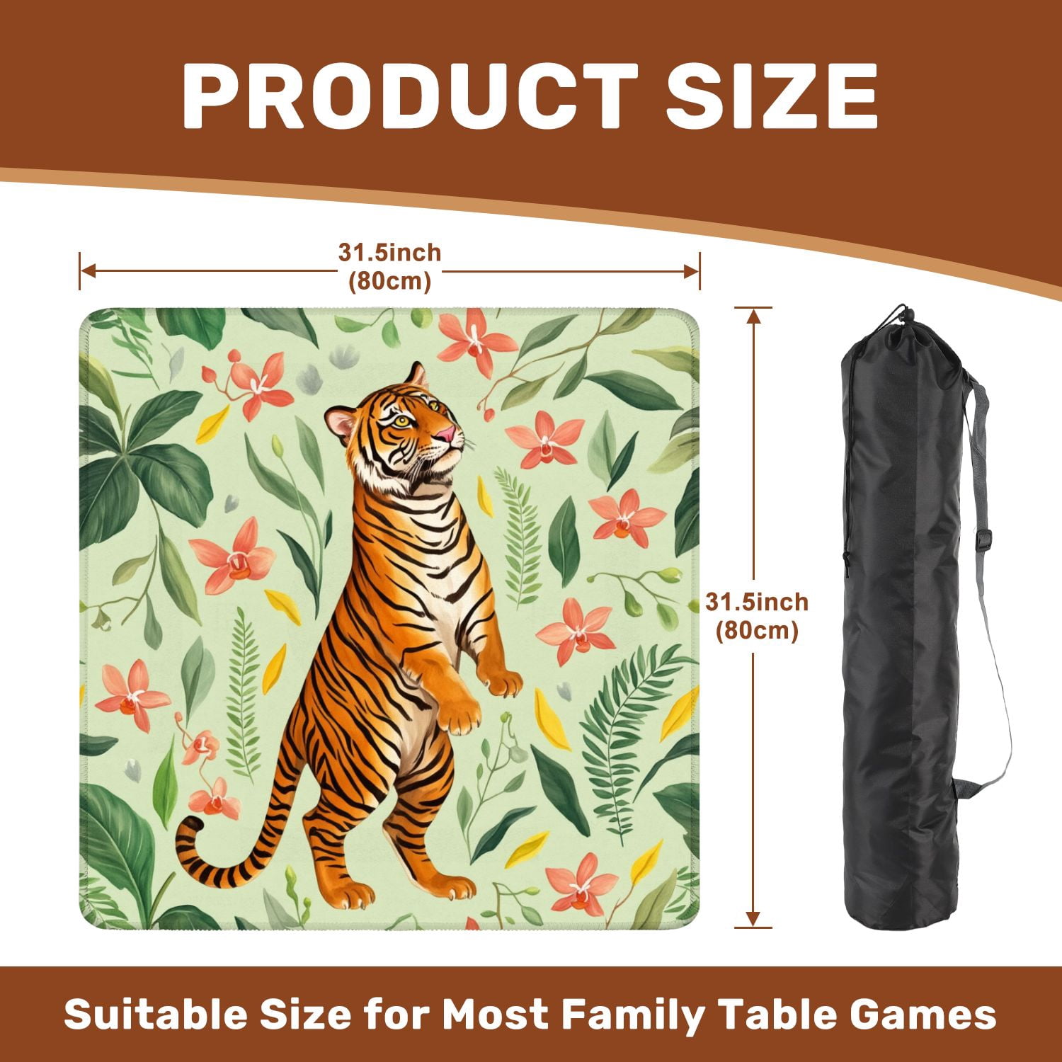 Mahjong Mat 31.5" x 31.5" Vibrant Tiger Amongst Floral Greenery Non-Slip Noise Reduction American Mahjong Tiles Table Cover for Dominoes Poker Card Board Games Gift