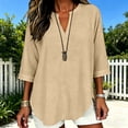 thumbnail image 2 of 3/4 Length Sleeve Womens Tops Plus Size Summer Tops Work Tops Women's Oversized T-Shirts Linen Shirts Vacation Outfits Cotton Linen Tops Womens Tops Womens Linen Tops Quarter Sleeve Tops Beige L, 2 of 7