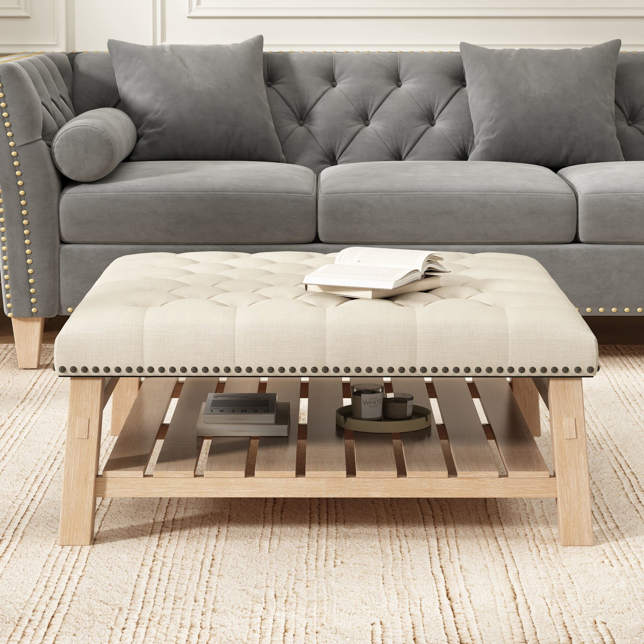 Noble House 41.5" Square Tufted Wooden Ottoman Coffee Table with Storage Shelf, Linen Upholstered Footstool, Beige