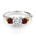 thumbnail image 2 of Gem Stone King 925 Sterling Silver and 10K Yellow Gold White Moissanite and Red Garnet 3 Stone Engagement Ring for Women (1.95 Cttw, Cushion Cut 6MM and 4MM, Available in Size 5, 6, 7, 8, 9), 2 of 4