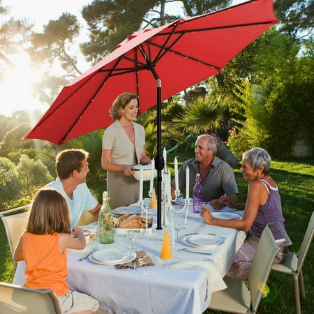 Sun Ray - 9' Round Solar Lighted Umbrella - Scarlet