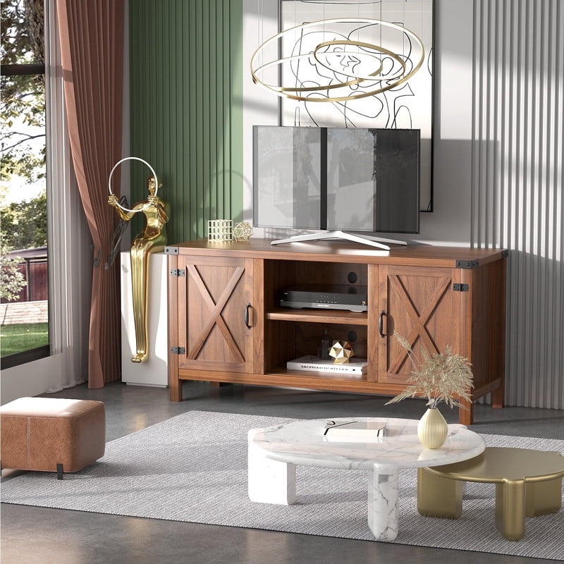Homall Farmhouse TV Stand for 65 Inch TVs, Rustic Brown Wood Entertainment Center with Storage Cabinet & Cable Management