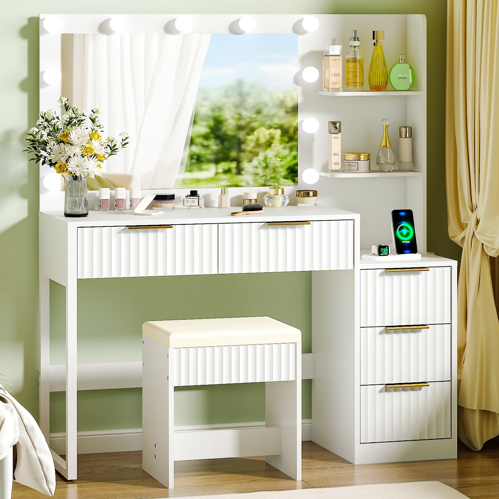 Ktaxon Flutted Makeup Vanity Table Set with 5 Drawer, Dressing Table w/Charging Station, Vanity Desk for Femal Gift, White
