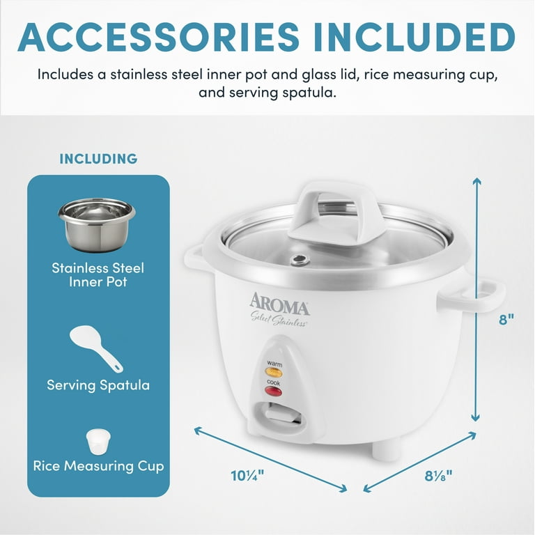 Aroma Housewares Select Stainless Rice Cooker & Warmer with Uncoated Inner  Pot, 3-Cup(uncooked)/6-Cup(cooked)/ 1.2Qt, ARC-753SGB, Black