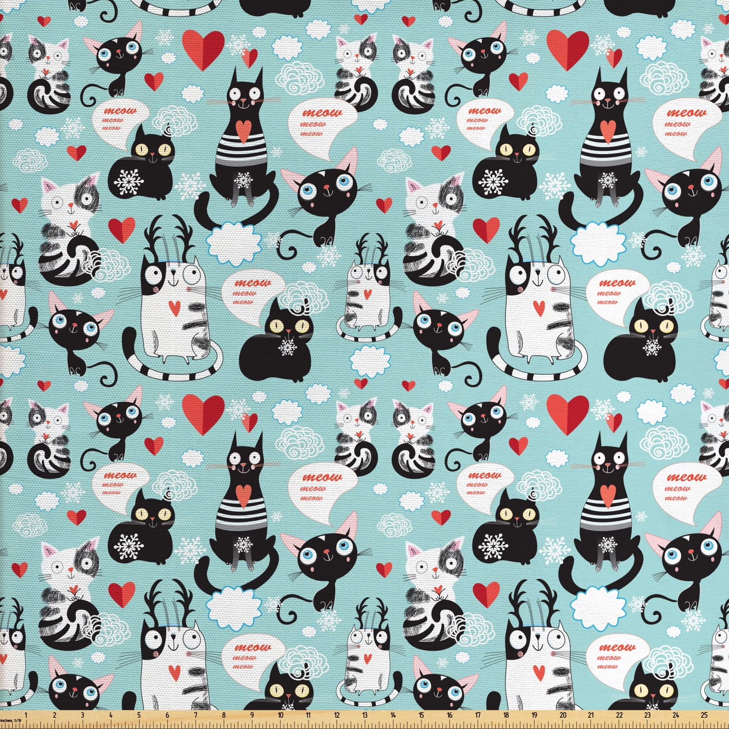 Cat Lover Fabric by The Yard, Black and White Cats in Love Meow Print