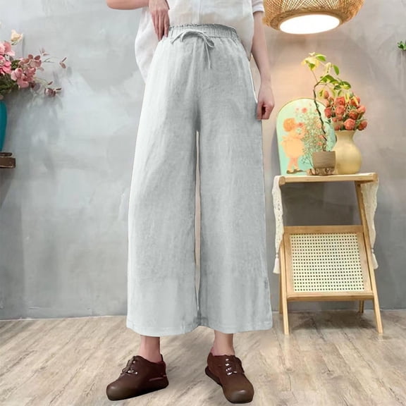 Plus Size Linen Capris Pants for Women Women High Waisted Linen Pants Summer Drawstring Wide Leg Boho Capris Pants Beach Vacation Travel Cropped Trouser White 3XL