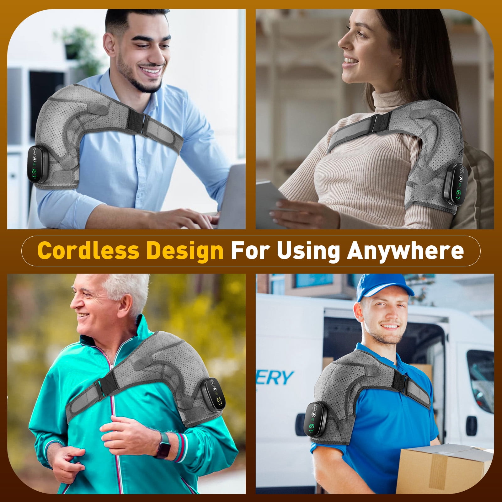 Shoulder Brace Wrap Massager, Cordless Shoulder Heating Pad for Muscle Relax, Electric Heated Shoulder Massage with 3 Heat & Vibration Settings for Women Men, Gray