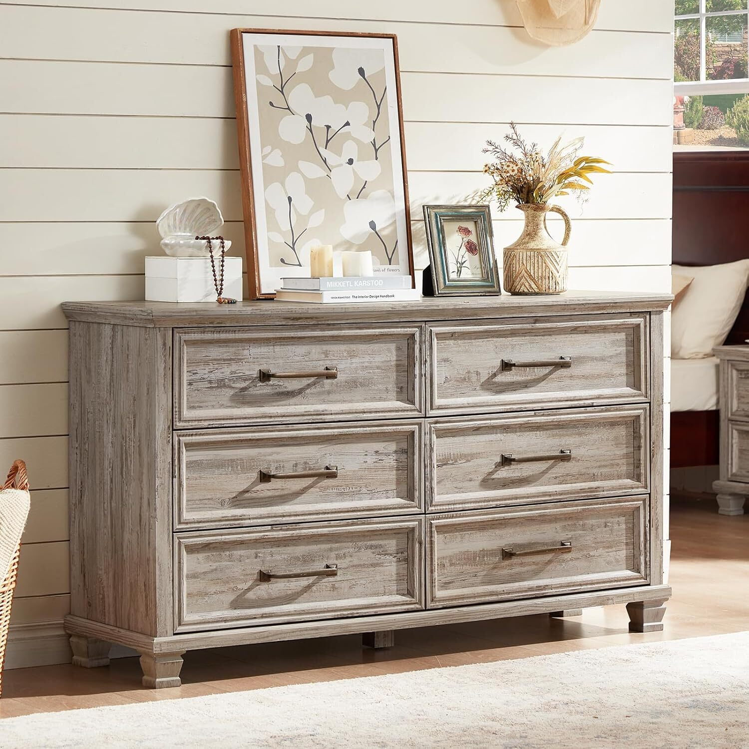 LELELINKY 6 Drawer Wood Dresser Furniture, Double Tier Storage Cabinet for Bedroom & Living Room, Grey Finish