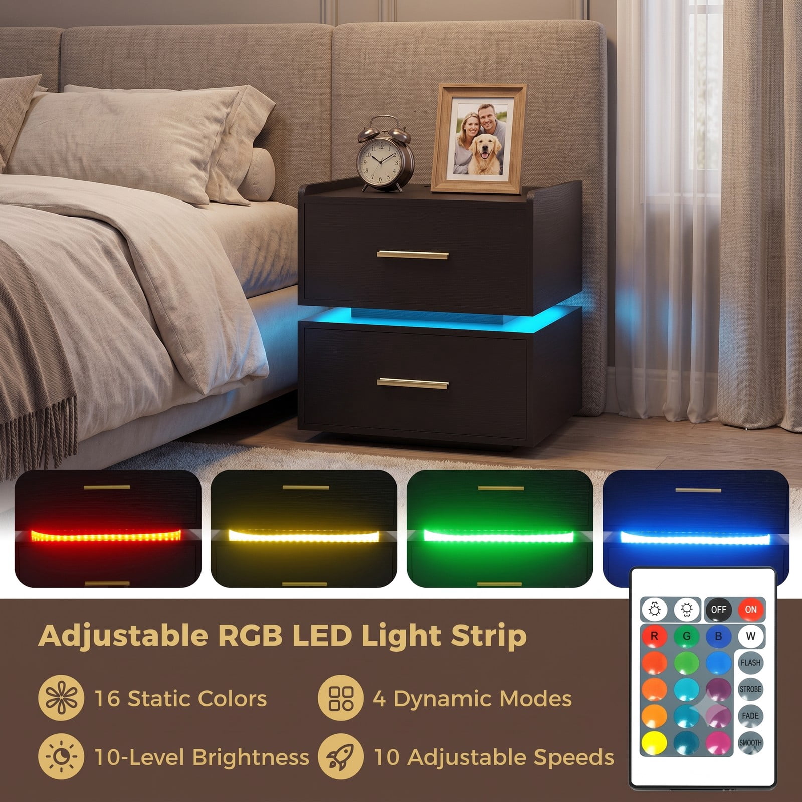 Furnibear LED Nightstand with Charging Station and 2 Storage Drawers, RGB Bedside Table with Semi-floating Design for Bedroom, Black