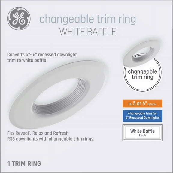 GE Lighting 47834 changeable Trim ring Baffle, RS6 (6 inch diameter) metal trim ring, fits 5 or 6 inch fixtures, white baffle , converts 5 or 6 inch recessed downlight trim to white baffle
